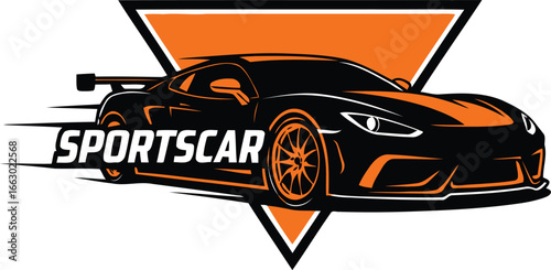 Sleek sports car racing with speed lines in orange and black automotive design emblem