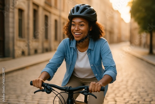 Smiling young woman wearing a bicycle helmet and denim jacket riding through a sunlit city street lined with historic buildings