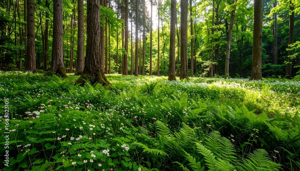 Fototapeta premium Sunlight streams through a dense forest floor blanketed in wildflowers and ferns. Lush greenery, tall trees, and dappled sunlight create a vibrant woodland scene