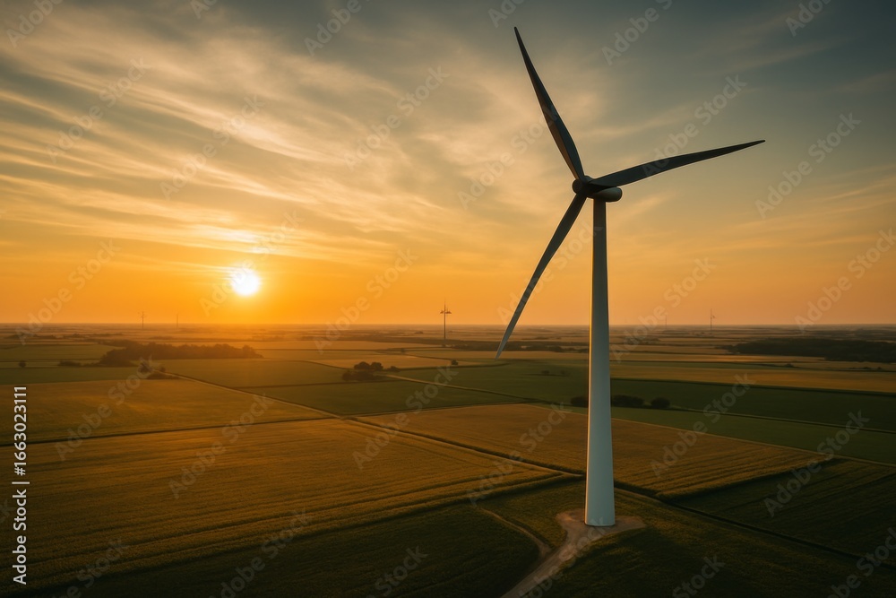 Fototapeta premium Modern wind turbine towering against warm golden sunset sky with blades capturing wind energy over open field