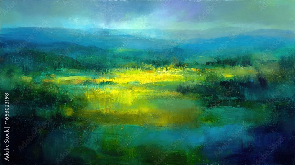 Fototapeta premium Vast landscape, vibrant colors, blurred mountains