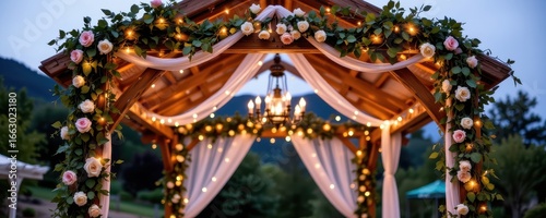 Wallpaper Mural a rustic outdoor arch wrapped with fairy lights and lanterns highlighting wooden beams and roses producing a warm inviting cozy evening wedding atmosphere Torontodigital.ca