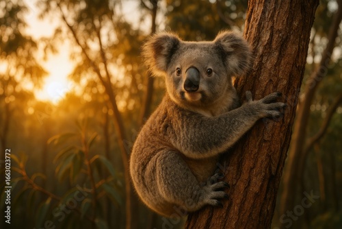 Cute koala clinging to a tree trunk in an Australian eucalyptus forest bathed in warm golden light