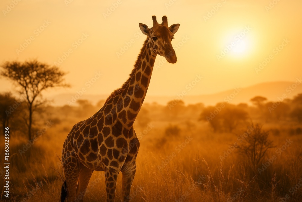 Obraz premium Tall giraffe silhouette walking through African savanna at sunset with warm golden sky