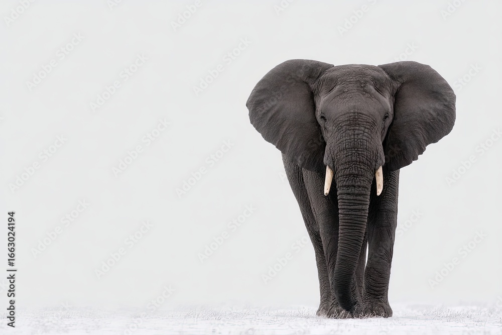 Obraz premium Majestic African elephant gracefully walking across an ethereal snowy landscape showcasing its grandeur and strength in wildlife conservation efforts captured with clarity