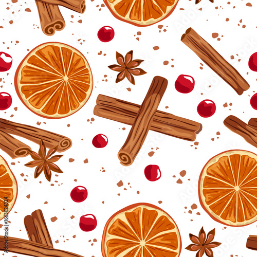 Christmas Spices Seamless Pattern with Cinnamon, Dehydrated Orange Slices, Cranberry and Star Anise - Traditional Holiday Hand Drawn Illustration