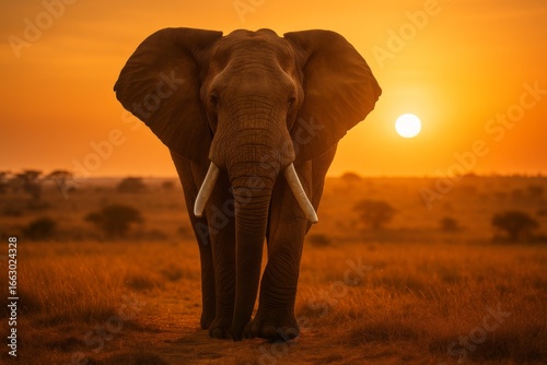 Majestic African elephant with large tusks standing on the savanna during a golden sunset with orange sky and sun near the horizon, wildlife safari scene