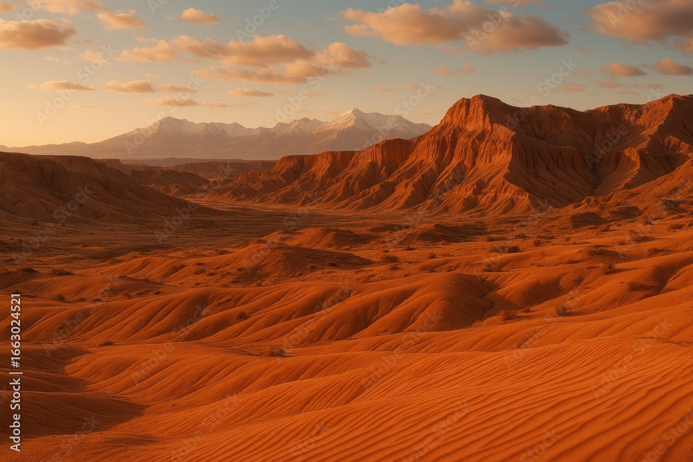 Naklejka premium Red sandstone mountain range rising from an arid desert valley under a partly cloudy sky at sunset, showcasing rugged natural beauty