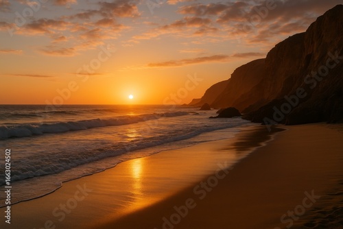 Golden sunset over a serene beach with gentle waves washing the sand and rugged cliffs silhouetted against an orange sky