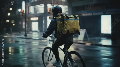 Food Delivery Courier Riding a Bicycle Through the City after Rain, Wet Road