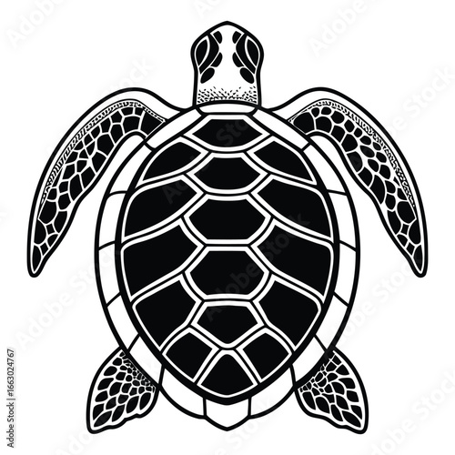 Detailed sea turtle outline with textured shell and flippers for nautical and wildlife designs 