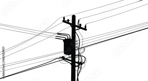 Silhouette of electric pole with transformer and multiple power lines, wires stretching across sky, utility infrastructure, electricity distribution, urban electrical network concept