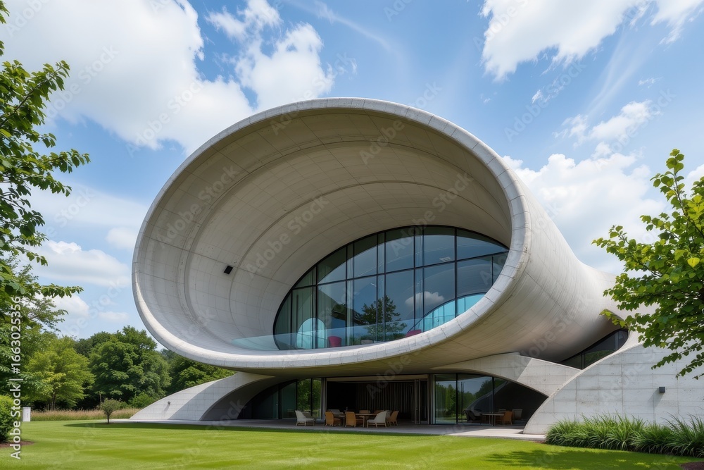Fototapeta premium a curved roof arch in modern architecture constructed from reinforced concrete shells with post tensioned steel cables achieving fluid form and structural stability