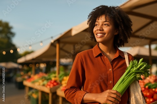 Smiling woman with curly hair in orange shirt holding fresh green onions at open air farmers market with colorful umbrellas and produce stalls