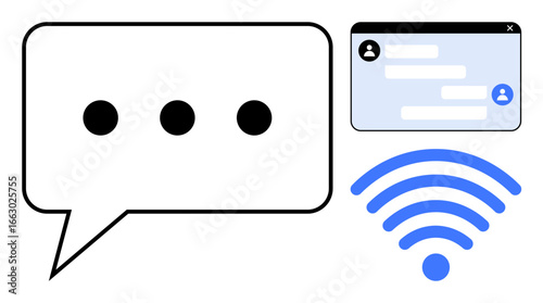 Chat bubble, messaging interface with conversation lines, and wireless symbol representing connectivity, online communication, digital interaction. Ideal for messaging apps, networking, communication