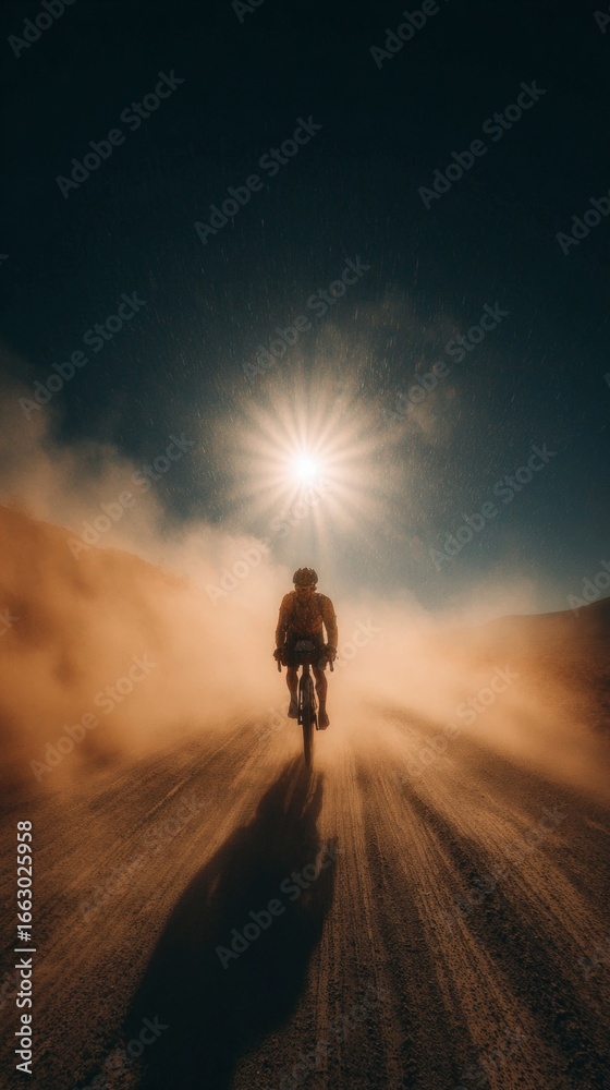 Fototapeta premium Cyclist raising dust while riding through the desert at sunset, creating a dramatic and adventurous scene