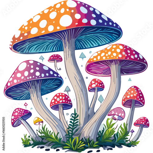 Neon mushrooms fly agaric vector illustration. Fairytale magic image for prints for clothes and design