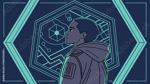 Futuristic neon glowing pentagon frame holographic.