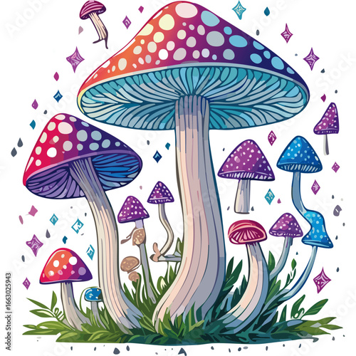 Neon mushrooms fly agaric vector illustration. Fairytale magic image for prints for clothes and design