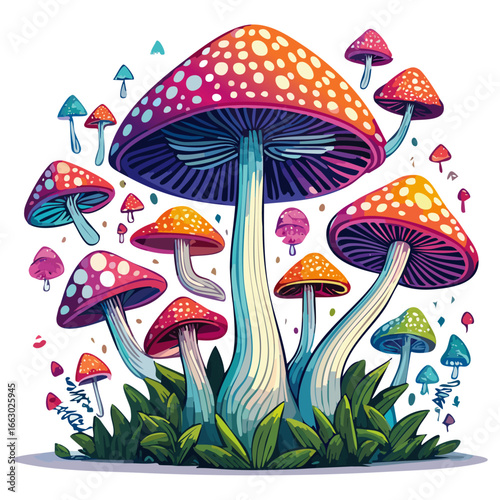 Neon mushrooms fly agaric vector illustration. Fairytale magic image for prints for clothes and design