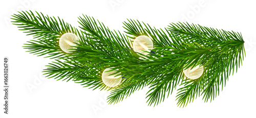 Green pine tree branches with bright Christmas lights. Evergreen foliage with needles, coniferous branch, spruce twigs, fir leaves with Christmas garland round electric bulbs. Vector illustration