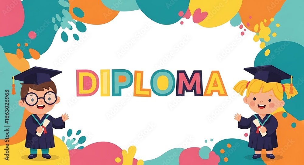 Fototapeta premium Cartoon graduation celebration with diploma and diverse children in caps and gowns kids education