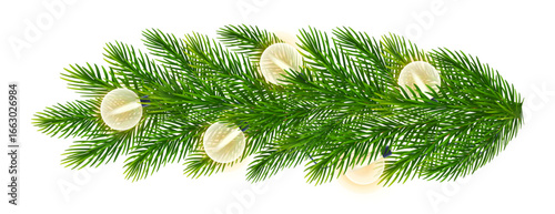 Christmas border of realistic green fir tree, coniferous branch, spruce twigs with bright lights. Vector Christmas tree branches with garland round bulbs for holiday New Year, Xmas, festive designs