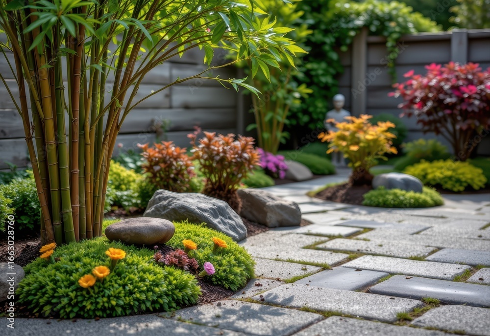 Obraz premium a zen garden with bamboo, moss, and small flowering shrubs producing soft textures and serene atmosphere perfect for quiet reflection outdoors