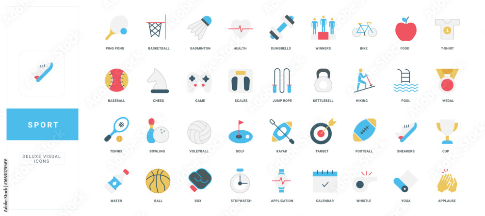 Fototapeta premium Modern flat style sport icons set features various activities, equipment, and health elements with clear titles for each symbol, useful for sports, fitness, wellness isolated vector illustration