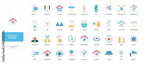 Modern flat icons representing smart home automation, wireless control, energy management, security, and environmental monitoring for connected living isolated vector illustration