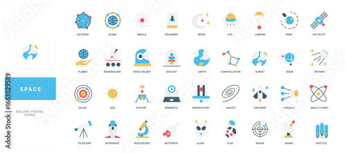 Collection of flat style space icons featuring planets, satellites, astronauts, scientific tools, and cosmic elements, each labeled for educational and research themes isolated vector illustration