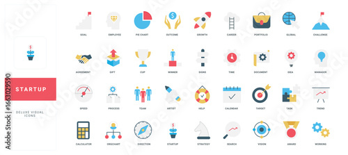 Modern flat style startup icons set with business, finance, management, and growth concepts, each labeled with titles for clear identification isolated vector illustration