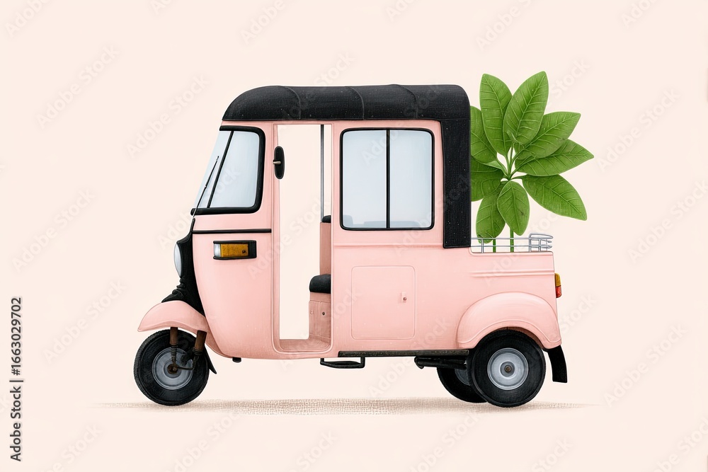 Obraz premium Unique illustration of a pastel pink auto rickshaw adorned with lush greenery symbolizing ecological transportation solutions blending urban charm with environmental consciousness