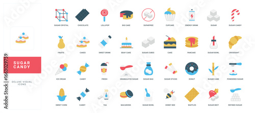 Colorful flat style icons of sugar, candy, cakes, drinks, and sweet foods with modern minimal design for food, nutrition, and dessert concepts isolated vector illustration