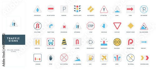 Comprehensive set of flat style traffic signs with labeled titles, including regulatory, warning, and informational road symbols for driving safety and navigation isolated vector illustration