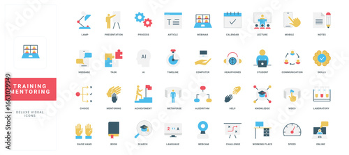 Flat style icons representing training, mentoring, education, achievement, digital learning, communication, and teamwork concepts, suitable for modern business academic isolated vector illustration
