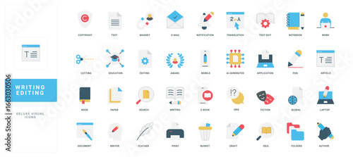 Modern flat style icons for writing, editing, publishing, and digital content creation, including text, document, author, and education concepts isolated vector illustration