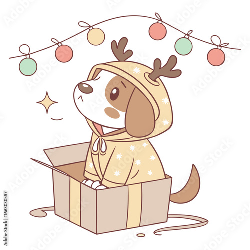 Puppy in reindeer costume sitting in open gift box under Christmas lights, suitable for festive pet themed holiday designs and seasonal greeting cards for winter celebrations