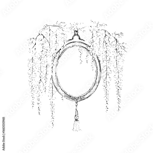 Vintage oval frame with hanging tassel and floral wisteria design for wedding invitation and decor element