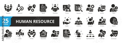 Set of Glyph Style Human Resource icon. A collection of icons suitable for web and mobile application. Including Teamwork, Recruitment, Interview, Resume, Onboarding, Training, Evaluation, and more.