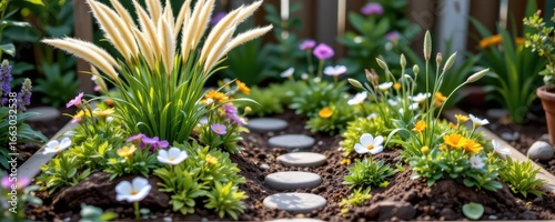 a tiny compact garden with aromatic herbs, ornamental grasses, and small flowering plants producing subtle fragrance and harmonious peaceful outdoor retreat