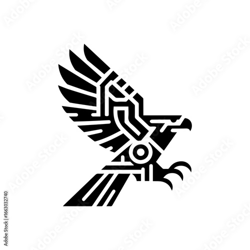 minimalist black aztec totem eagle bird or Mayan and Inca tribal symbol vector flat design.
