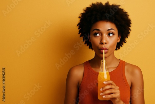 Young woman with afro curls sipping orange soda through a straw from a glass bottle against a yellow background, cheerful summer beverage concept