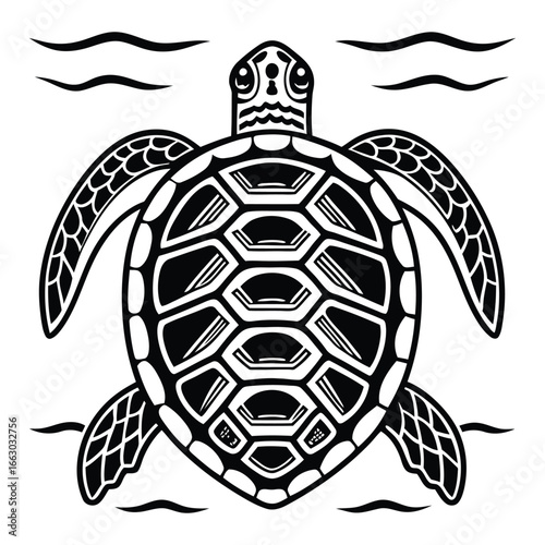 Detailed black and white sea turtle outline with stylized waves for marine themes 