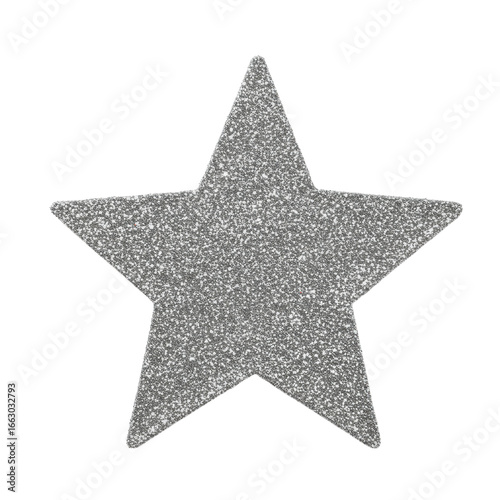Perfectly cut 3-inch star shape, uniformly covered in shimmering silver glitter, transparent seamless background, shadowless macro top-down flat lay, pristine product photography concept