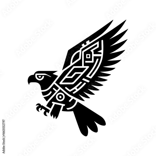 minimalist black aztec totem eagle bird or Mayan and Inca tribal symbol vector flat design.