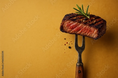 Juicy beef steak on a fork garnished with rosemary and herbs, isolated against a yellow background with copy space