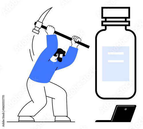 Worker swings pickaxe beside large medicine bottle and laptop. Ideal for healthcare, industry, innovation, technology, perseverance, pharmaceutical research, and labor concepts. Simple flat metaphor