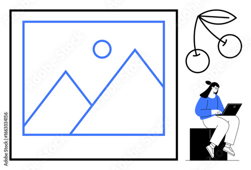 Woman using laptop beside geometric art with mountains and sun, and a simple cherry drawing. Ideal for creativity, remote work, technology, design, hobbies, minimalism content creation. Simple flat