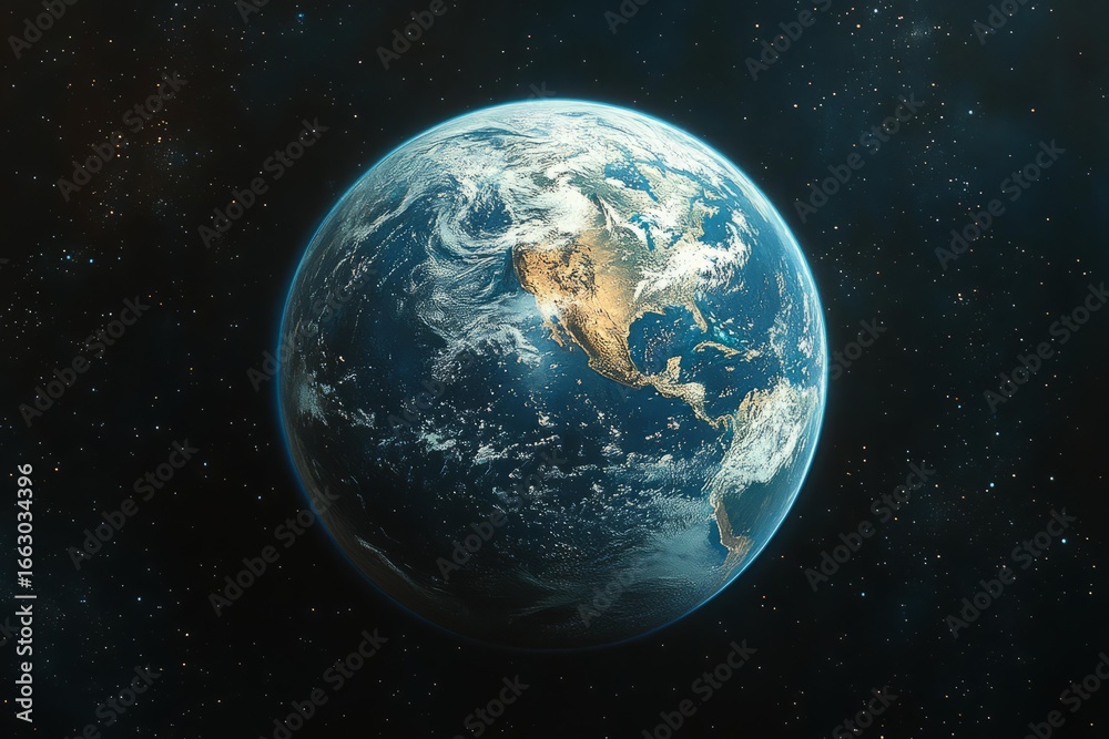 Obraz premium High-resolution Earth in space glows under starlight showcasing oceans, continents and atmosphere in cosmic serenity